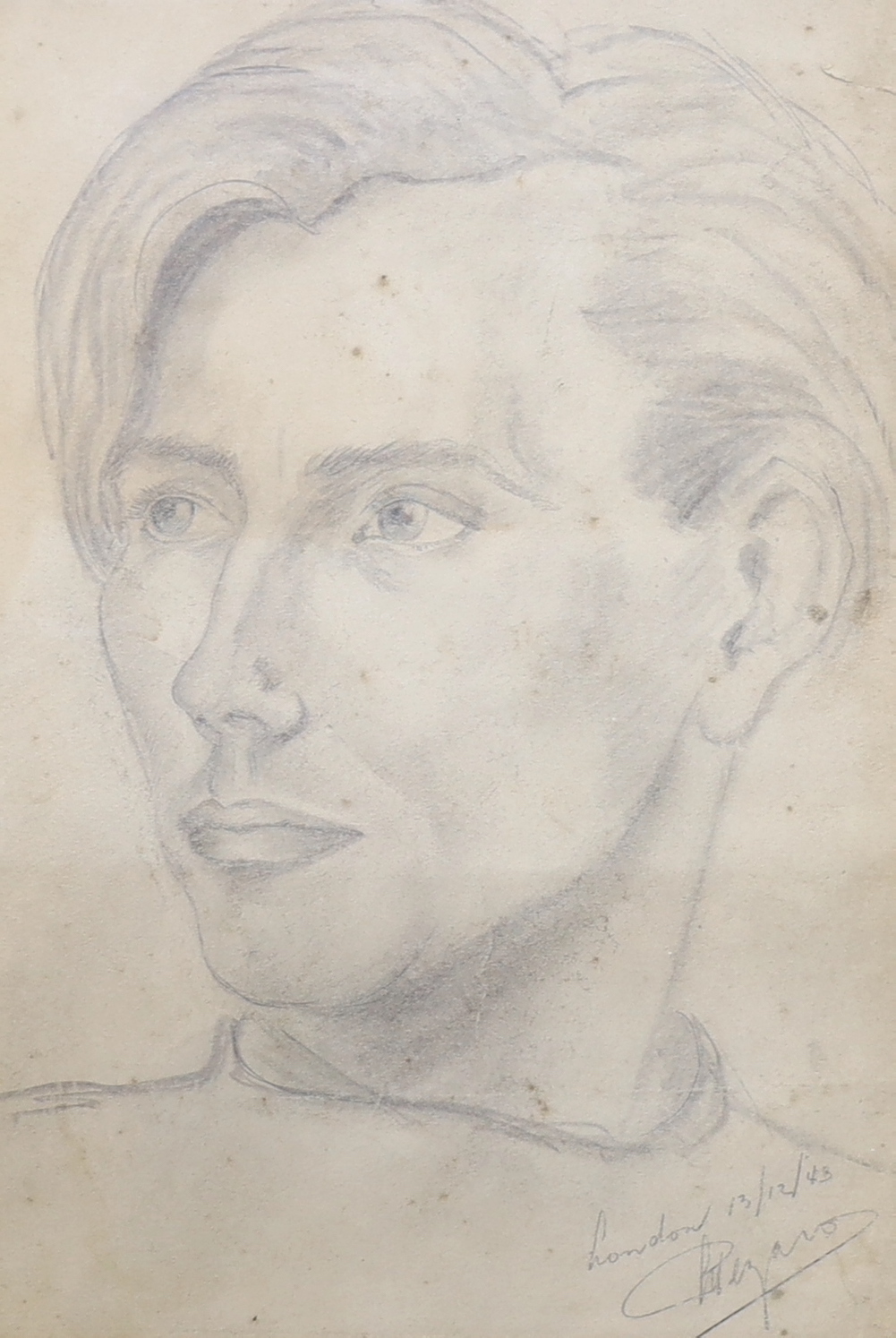 Mid 20th century English School, pencil, Study of a young man, inscribed London 13/12/43, indistinctly signed, 36 x 25cm